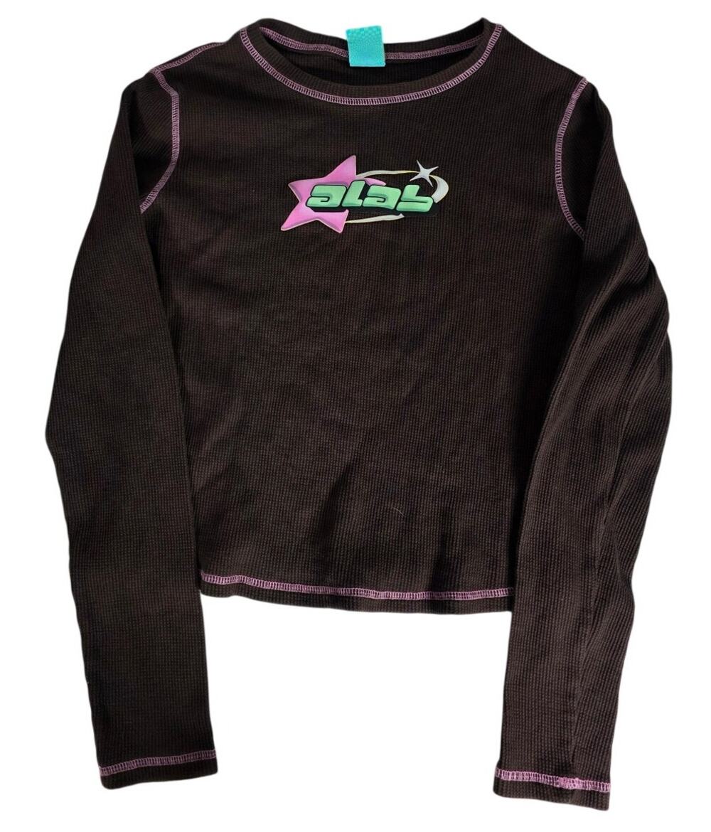 ALAB Thermal Shirt Womens Large Brown Pink Y2K Waffle Knit Graphic Long Sleeve